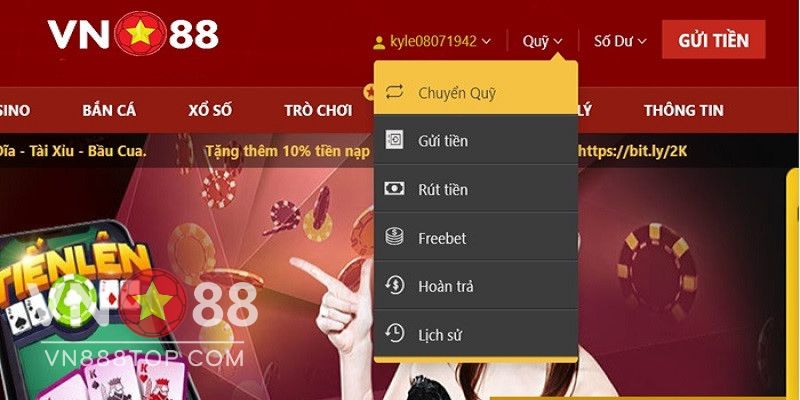 Thực hiện chuyển quỹ về ví cá nhân để rút tiền VN88