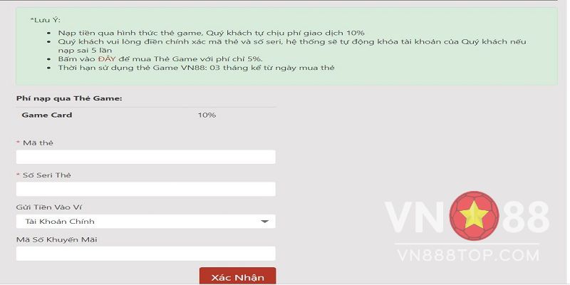 Nạp tiền VN88 qua thẻ game